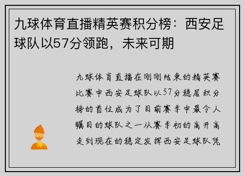 九球体育直播精英赛积分榜：西安足球队以57分领跑，未来可期